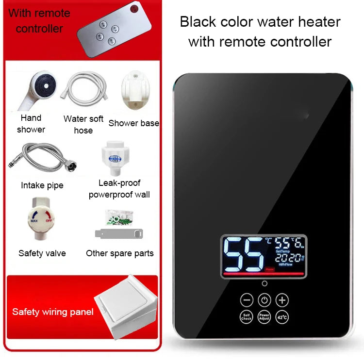 Calentador de agua eléctrico instantáneo DMWD con control remoto para baño y cocina, sin tanque, para ducha con grifo y pantalla LED de temperatura
