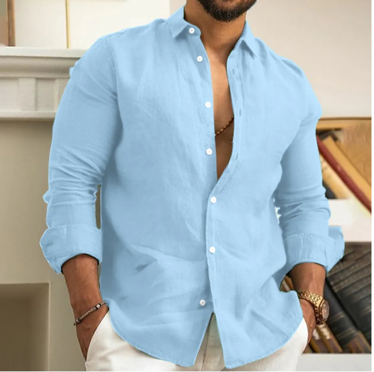 Camisa de lino y algodón para hombre, camisa de verano con botones, camisa de playa, manga larga, solapa lisa, ropa informal de uso diario para primavera y verano