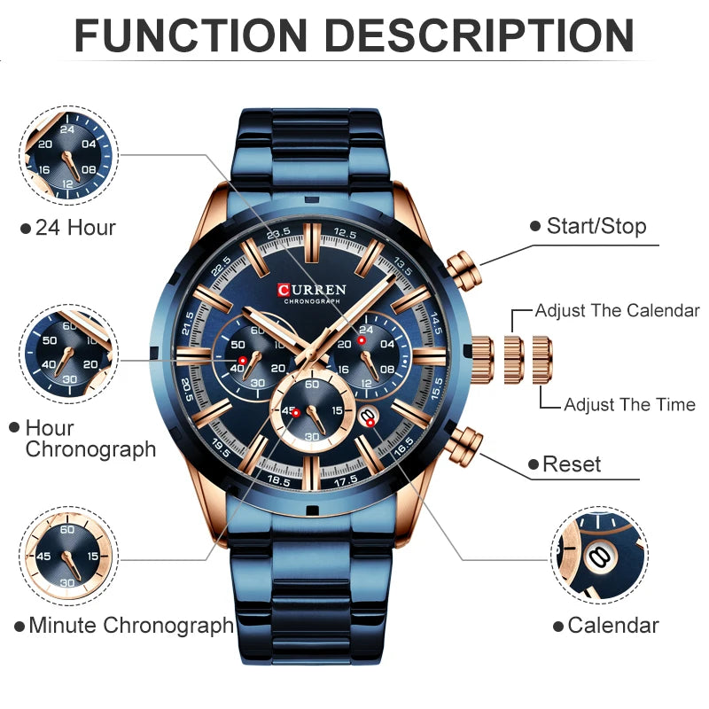 CURREN - Reloj deportivo de cuarzo para hombre, de lujo, de acero inoxidable, resistente al agua, cronógrafo, Masculino