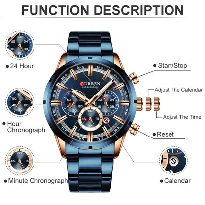 CURREN - Reloj deportivo de cuarzo para hombre, de lujo, de acero inoxidable, resistente al agua, cronógrafo, Masculino
