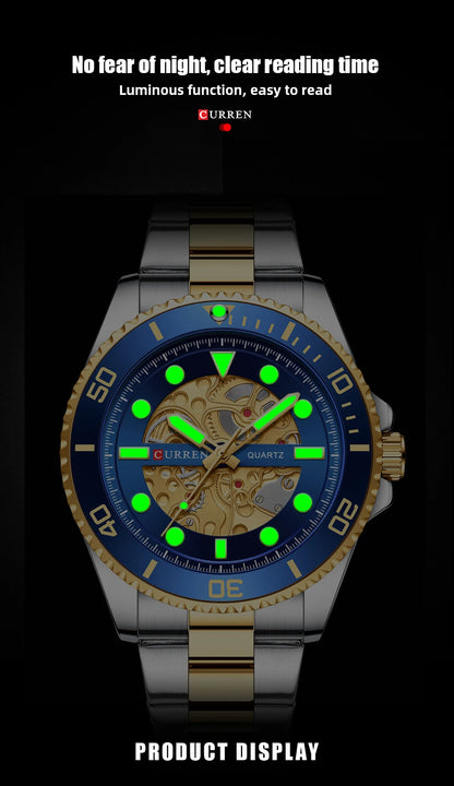 Relojes CURREN, reloj de cuarzo con diseño mecánico imitado, correa de acero inoxidable, relojes de pulsera luminosos para hombre con caja
