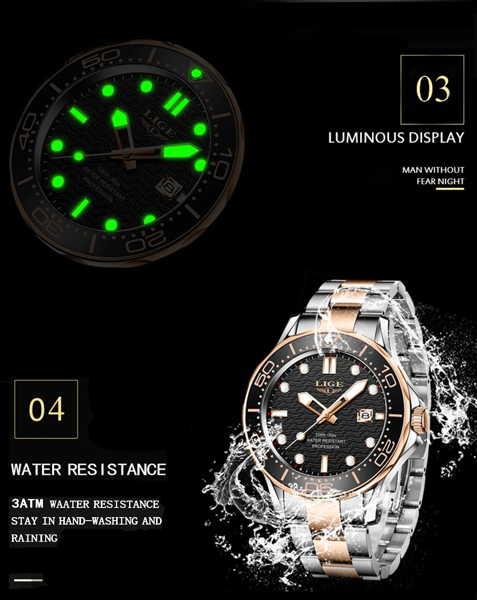 LIGE - Reloj de buceo de lujo para hombre, marca superior, resistente al agua hasta 3 ATM, con fecha, deportivo, de cuarzo, Masculino