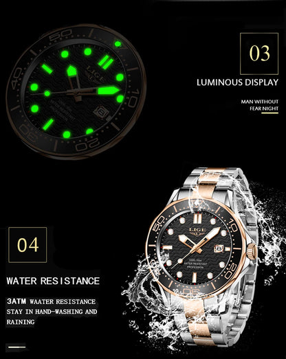 LIGE - Reloj de buceo de lujo para hombre, marca superior, resistente al agua hasta 3 ATM, con fecha, deportivo, de cuarzo, Masculino