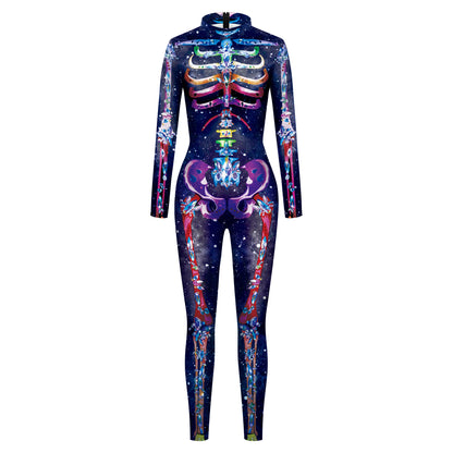 Color Cosplayer Halloween Skeleton Printed Jumpsuits Women Halloween Performance Outfits Party Cosplay Costume Zentai Fitness