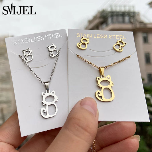 Hermoso conjunto de joyas de acero inoxidable con diseño de gatito y gato en color dorado para hombre, collar con pendientes de gato huecos a la moda, joyería con forma de pata.