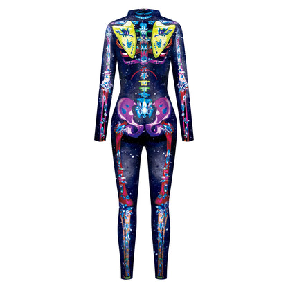 Color Cosplayer Halloween Skeleton Printed Jumpsuits Women Halloween Performance Outfits Party Cosplay Costume Zentai Fitness