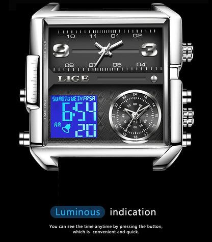 Reloj LIGE de acero negro para hombre, reloj digital con doble pantalla, cronógrafo deportivo, resistente al agua, de cuarzo, estilo militar