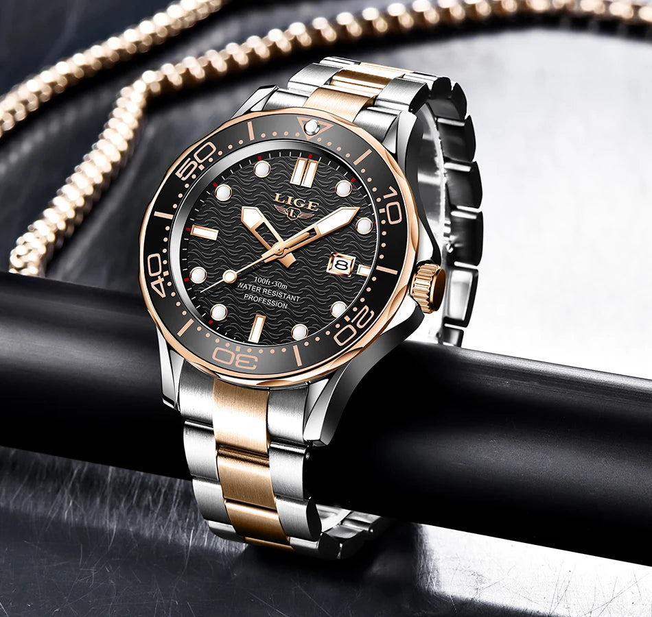 LIGE - Reloj de buceo de lujo para hombre, marca superior, resistente al agua hasta 3 ATM, con fecha, deportivo, de cuarzo, Masculino