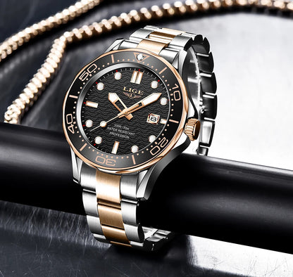 LIGE - Reloj de buceo de lujo para hombre, marca superior, resistente al agua hasta 3 ATM, con fecha, deportivo, de cuarzo, Masculino