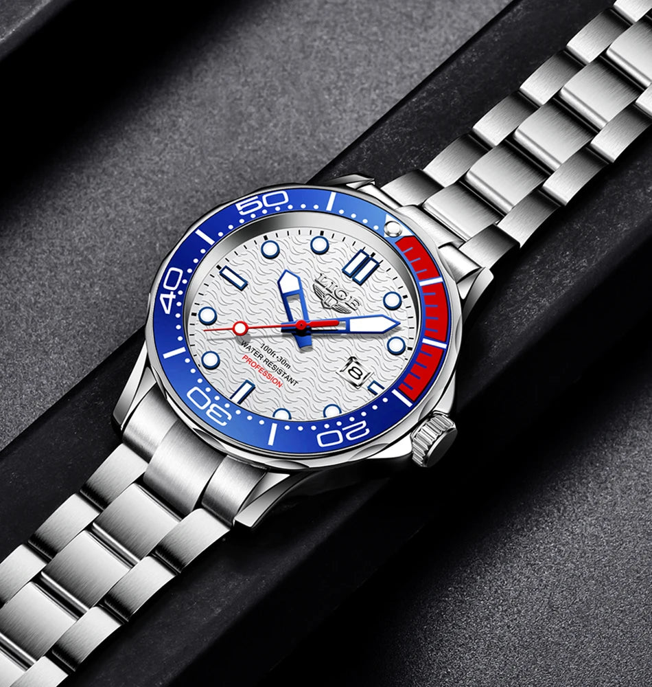 LIGE - Reloj de buceo de lujo para hombre, marca superior, resistente al agua hasta 3 ATM, con fecha, deportivo, de cuarzo, Masculino