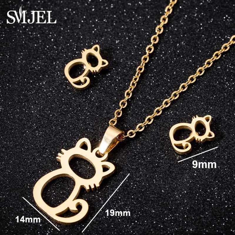 Hermoso conjunto de joyas de acero inoxidable con diseño de gatito y gato en color dorado para hombre, collar con pendientes de gato huecos a la moda, joyería con forma de pata.