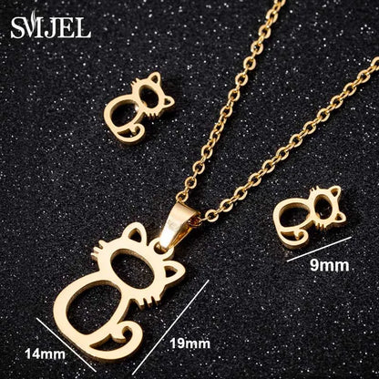 Hermoso conjunto de joyas de acero inoxidable con diseño de gatito y gato en color dorado para hombre, collar con pendientes de gato huecos a la moda, joyería con forma de pata.