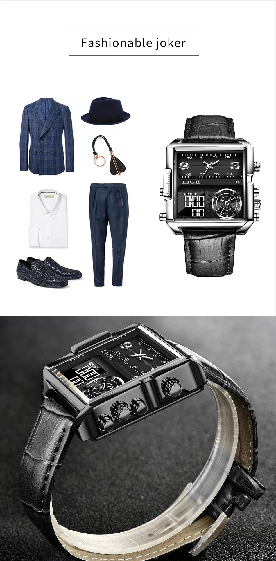 Reloj LIGE de acero negro para hombre, reloj digital con doble pantalla, cronógrafo deportivo, resistente al agua, de cuarzo, estilo militar