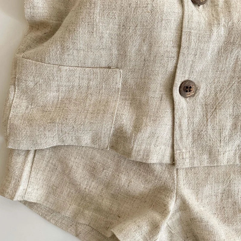 Conjuntos de ropa para bebé niño y niña, camisa y pantalón corto de lino de verano para bebé pequeño, mono con botones de manga corta, ropa para bebé de 1 a 7 años
