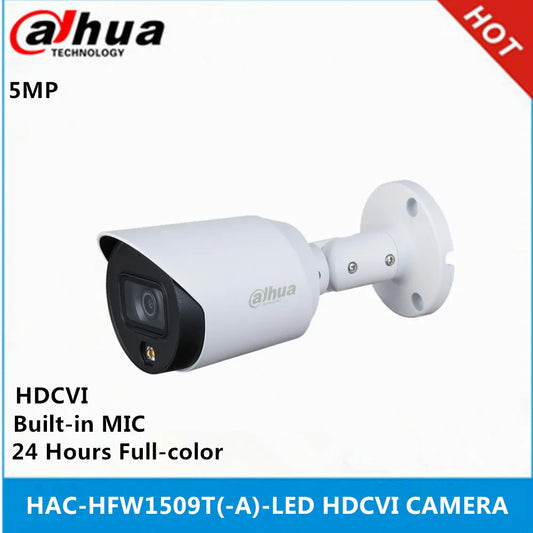 Cámara tipo bala Dahua HAC-HFW1509T-A-LED de 5 MP a color con luz estelar y HDCVI. Micrófono integrado. Compatible conmutable entre CVI/CVBS/AHD/TVI.