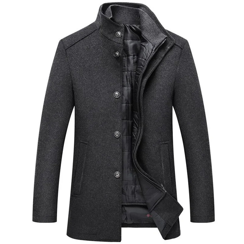 Woolen Coat Men Winter Windbreaker Long Thick Wool Jackets abrigo hombre Man Stand Collar Single Breasted With Vest Woolen Coats
