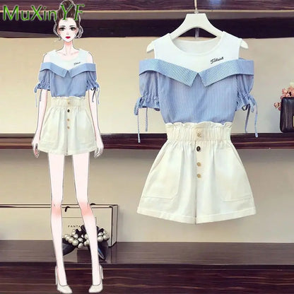 Conjunto de dos piezas formado por camiseta y pantalón corto, para mujer, verano 2024, informal, a rayas, con retazos, cintura alta y pantalones cortos