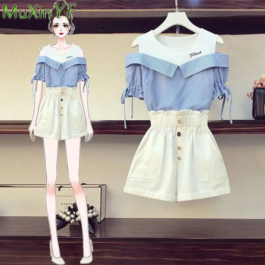 Conjunto de dos piezas formado por camiseta y pantalón corto, para mujer, verano 2024, informal, a rayas, con retazos, cintura alta y pantalones cortos
