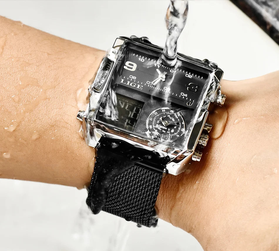 Reloj LIGE de acero negro para hombre, reloj digital con doble pantalla, cronógrafo deportivo, resistente al agua, de cuarzo, estilo militar