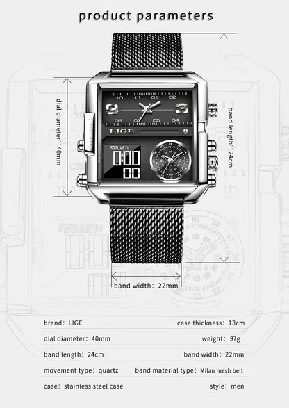 Reloj LIGE de acero negro para hombre, reloj digital con doble pantalla, cronógrafo deportivo, resistente al agua, de cuarzo, estilo militar