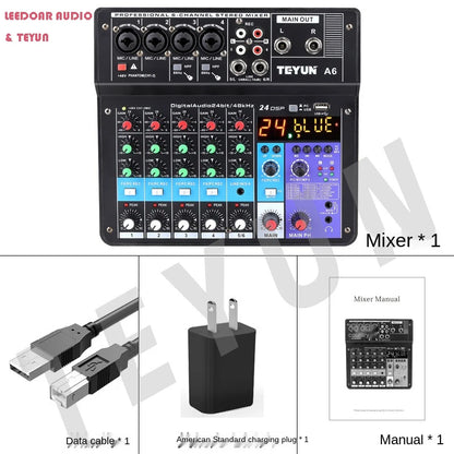 Mesa de mezclas de sonido para DJ TEYUN de 8, 6 y 4 canales, mezclador de audio con 24 efectos DSP, Bluetooth, PC, reproducción USB, grabación, controlador de 48 V, consola de mezclas