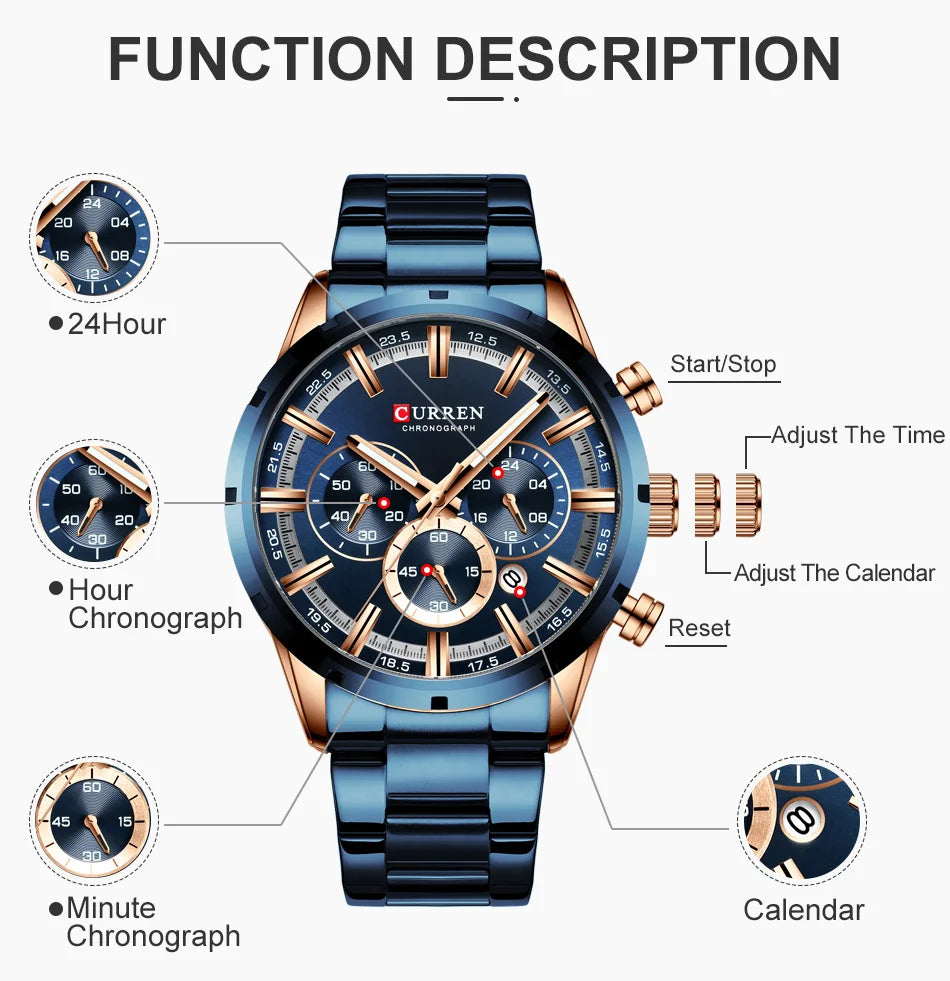 CURREN - Reloj deportivo de cuarzo para hombre, de lujo, de acero inoxidable, resistente al agua, cronógrafo, Masculino
