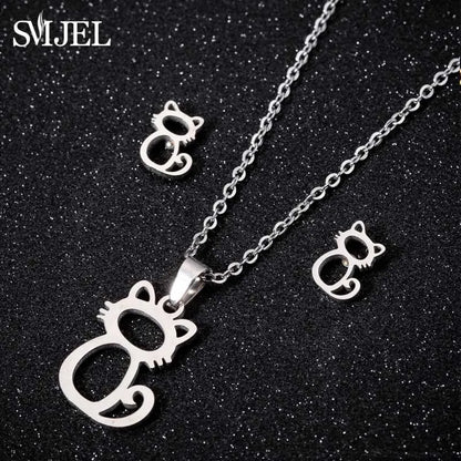 Hermoso conjunto de joyas de acero inoxidable con diseño de gatito y gato en color dorado para hombre, collar con pendientes de gato huecos a la moda, joyería con forma de pata.