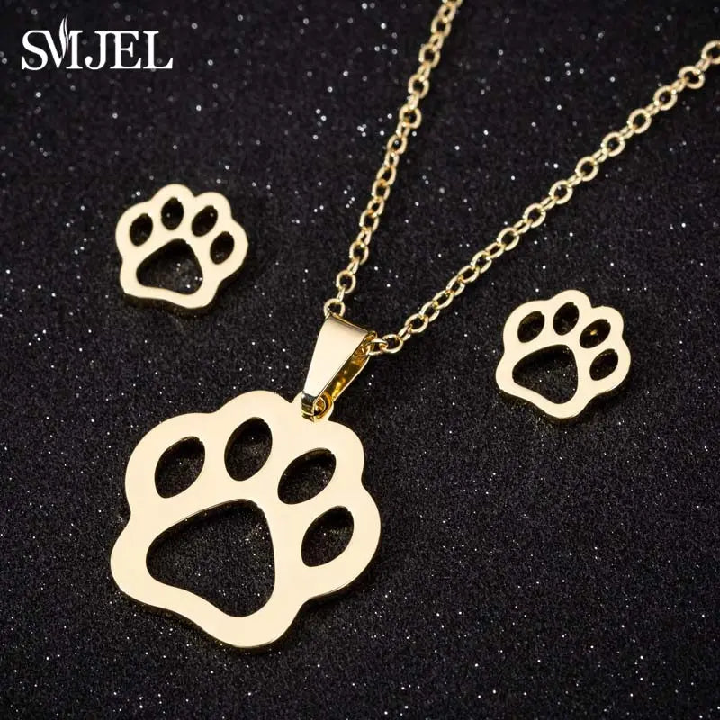 Hermoso conjunto de joyas de acero inoxidable con diseño de gatito y gato en color dorado para hombre, collar con pendientes de gato huecos a la moda, joyería con forma de pata.
