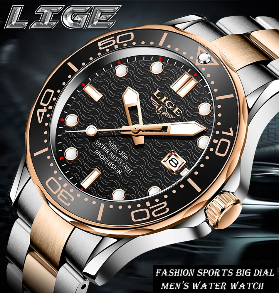 LIGE - Reloj de buceo de lujo para hombre, marca superior, resistente al agua hasta 3 ATM, con fecha, deportivo, de cuarzo, Masculino