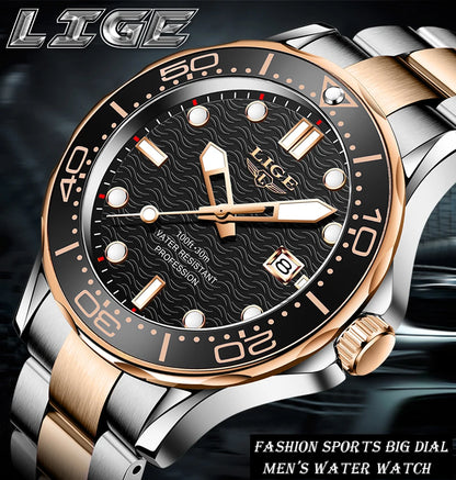 LIGE - Reloj de buceo de lujo para hombre, marca superior, resistente al agua hasta 3 ATM, con fecha, deportivo, de cuarzo, Masculino