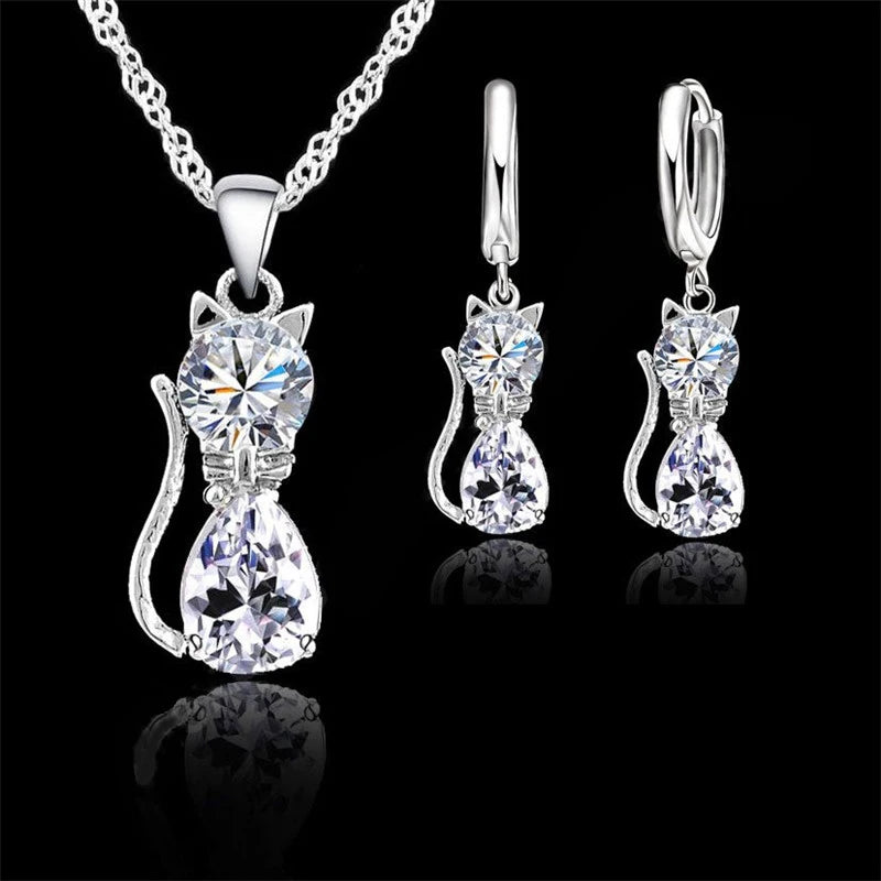 Conjuntos de joyas de plata de ley 925 auténtica para mujer y niña, con colgante de gato y cristal austriaco brillante, collar y pendientes tipo huggie.