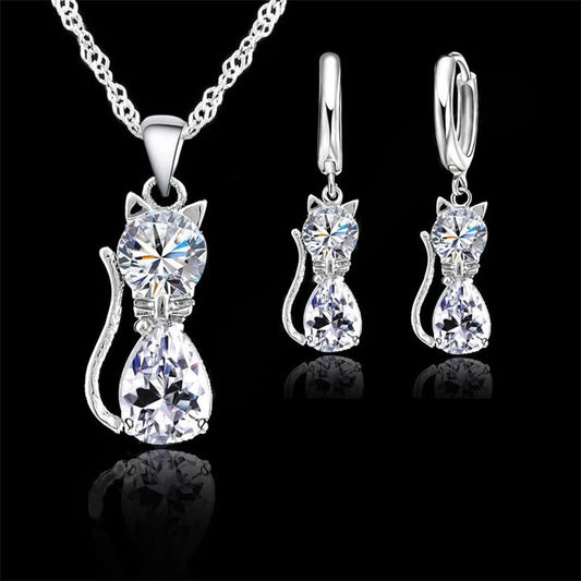 Conjuntos de joyas de plata de ley 925 auténtica para mujer y niña, con colgante de gato y cristal austriaco brillante, collar y pendientes tipo huggie.