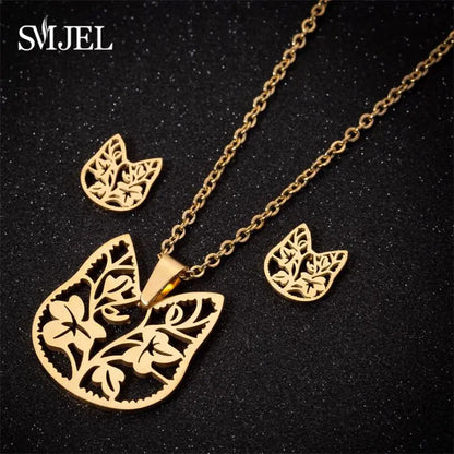 Hermoso conjunto de joyas de acero inoxidable con diseño de gatito y gato en color dorado para hombre, collar con pendientes de gato huecos a la moda, joyería con forma de pata.