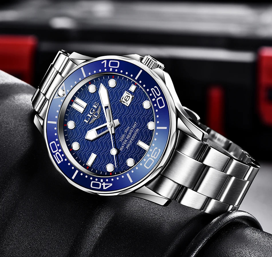 LIGE - Reloj de buceo de lujo para hombre, marca superior, resistente al agua hasta 3 ATM, con fecha, deportivo, de cuarzo, Masculino
