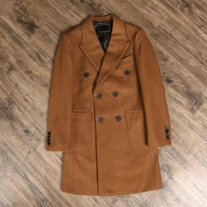 Abrigo largo de lana para hombre, cruzado, con solapa de pico y seis botones. Chaqueta larga de traje, confeccionada a medida. Abrigo largo marrón.
