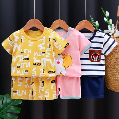 Conjunto de ropa para niños, camiseta y pantalones cortos para bebé niño/niña, ropa de verano de algodón con dibujos animados, chándal informal para niño y bebé.