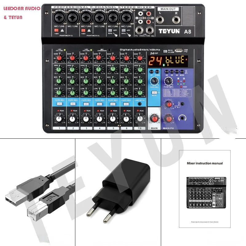 Mesa de mezclas de sonido para DJ TEYUN de 8, 6 y 4 canales, mezclador de audio con 24 efectos DSP, Bluetooth, PC, reproducción USB, grabación, controlador de 48 V, consola de mezclas