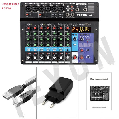 Mesa de mezclas de sonido para DJ TEYUN de 8, 6 y 4 canales, mezclador de audio con 24 efectos DSP, Bluetooth, PC, reproducción USB, grabación, controlador de 48 V, consola de mezclas