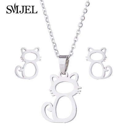 Hermoso conjunto de joyas de acero inoxidable con diseño de gatito y gato en color dorado para hombre, collar con pendientes de gato huecos a la moda, joyería con forma de pata.