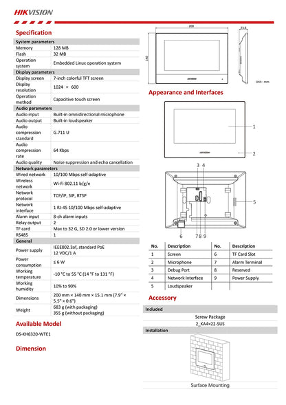 Videoportero interior Hikvision DS-KH6320-WTE1 con pantalla TFT de 7 pulgadas, PoE, WiFi, estación IP y compatibilidad con varios idiomas.