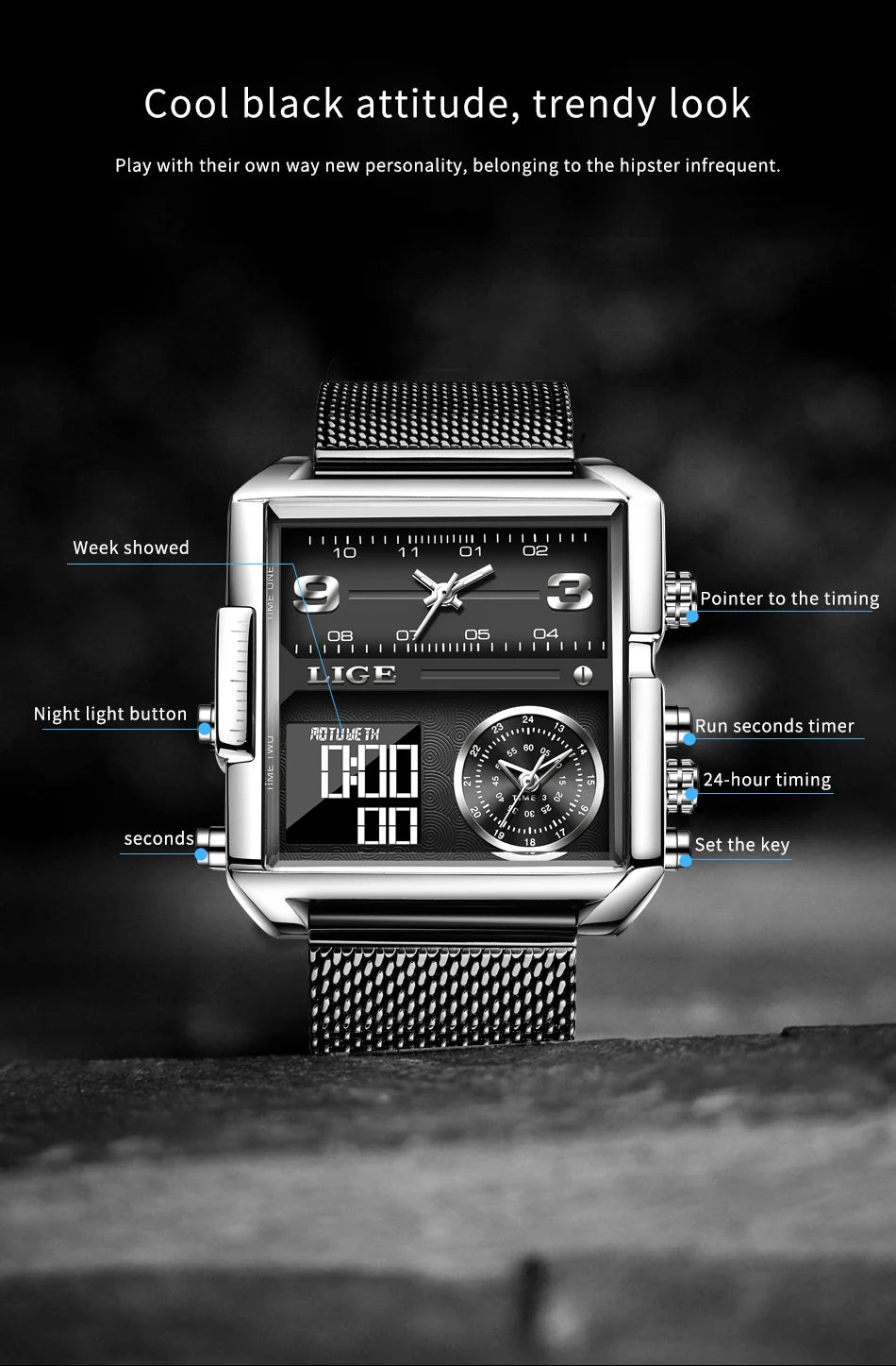 Reloj LIGE de acero negro para hombre, reloj digital con doble pantalla, cronógrafo deportivo, resistente al agua, de cuarzo, estilo militar