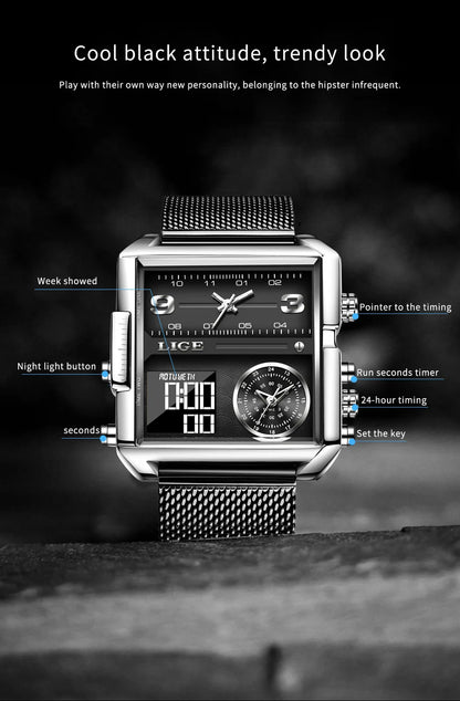 Reloj LIGE de acero negro para hombre, reloj digital con doble pantalla, cronógrafo deportivo, resistente al agua, de cuarzo, estilo militar