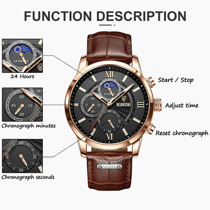 Nuevos relojes LIGE para hombre, marca superior de lujo, reloj de pulsera para hombre, reloj de cuarzo de cuero, reloj deportivo resistente al agua para hombre, reloj Masculino
