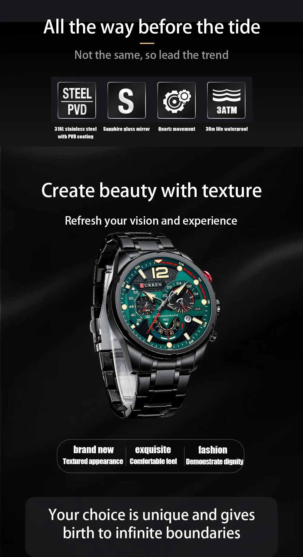 Relojes de cuarzo de moda CURREN para hombre, reloj de pulsera deportivo informal con esfera cronógrafo de acero inoxidable y luminoso