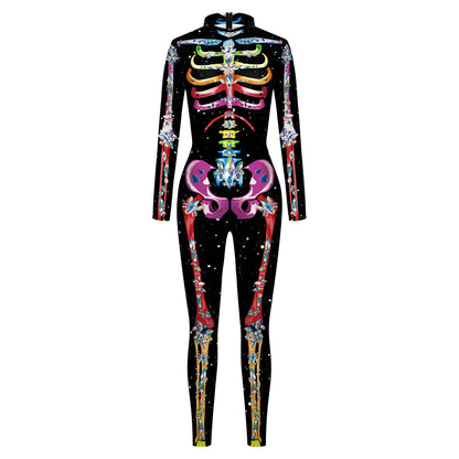 Color Cosplayer Halloween Skeleton Printed Jumpsuits Women Halloween Performance Outfits Party Cosplay Costume Zentai Fitness