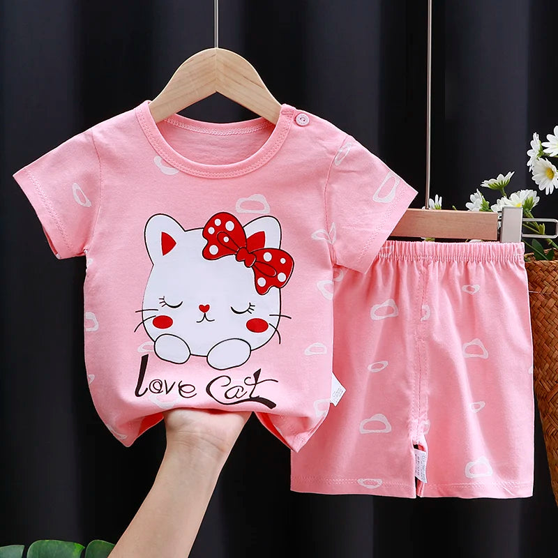 Conjunto de ropa para niños, camiseta y pantalones cortos para bebé niño/niña, ropa de verano de algodón con dibujos animados, chándal informal para niño y bebé.