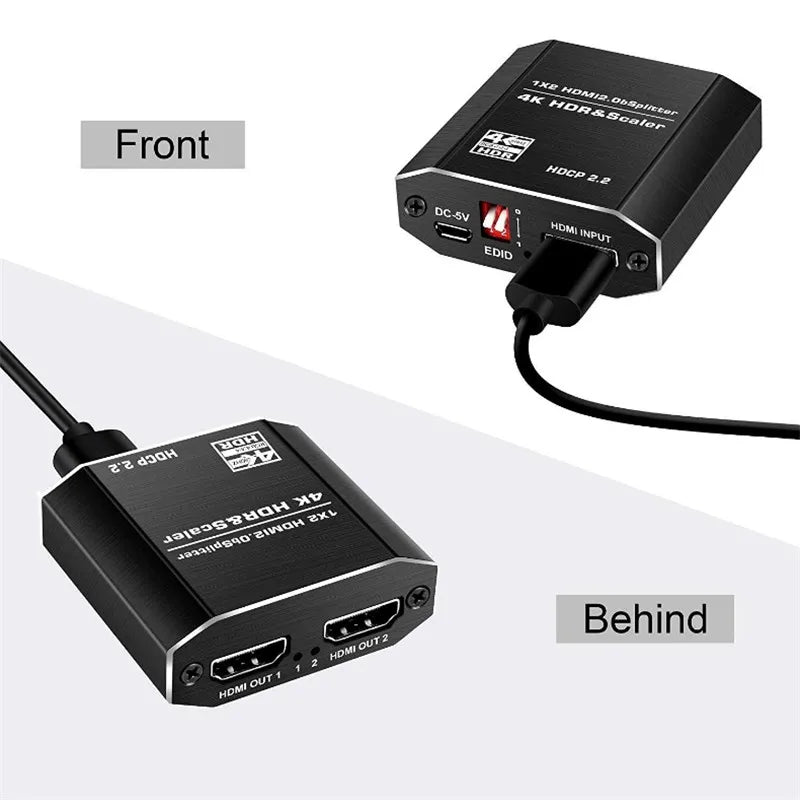 Conecta 1 señal a 2 pantallas HDMI 4K a 60 Hz. Divisor HDMI 1 entrada, 2 salidas con cable HDMI de alta velocidad escalar compatible con HDCP 2.2.