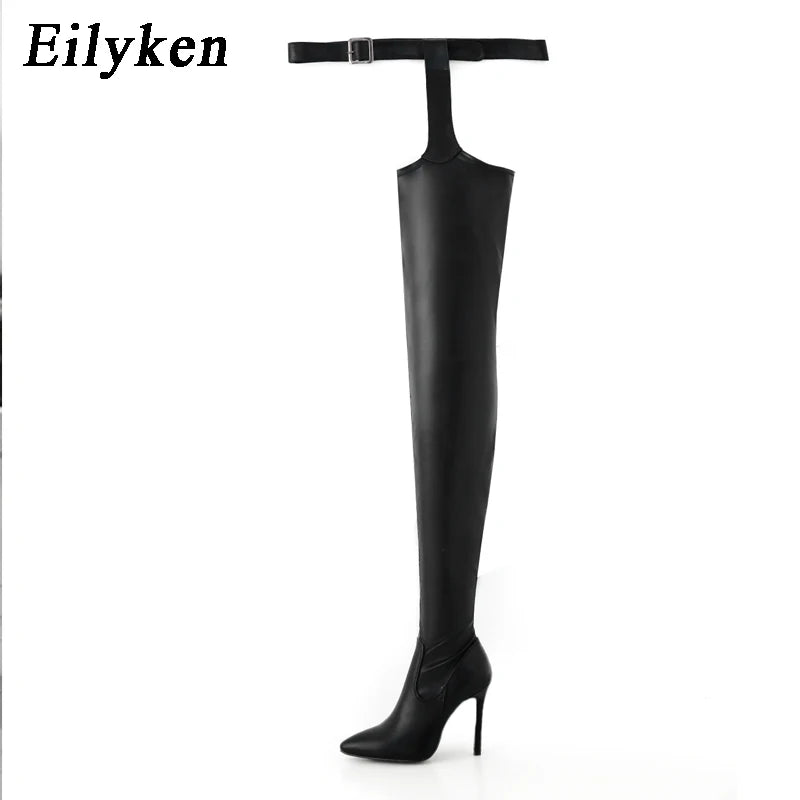 Botas Eilyken sexis de tacón alto y fino con hebilla en la cintura para mujer, botines por encima de la rodilla con punta puntiaguda, zapatos de invierno para mujer