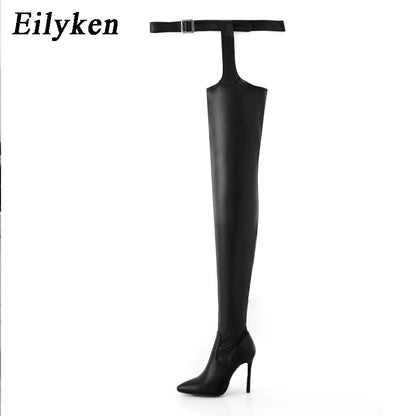 Botas Eilyken sexis de tacón alto y fino con hebilla en la cintura para mujer, botines por encima de la rodilla con punta puntiaguda, zapatos de invierno para mujer