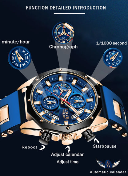 LIGE 2024 - Nuevos relojes de moda para hombre, marca superior de lujo, reloj deportivo de silicona, reloj de cuarzo con fecha, reloj de pulsera resistente al agua, cronógrafo
